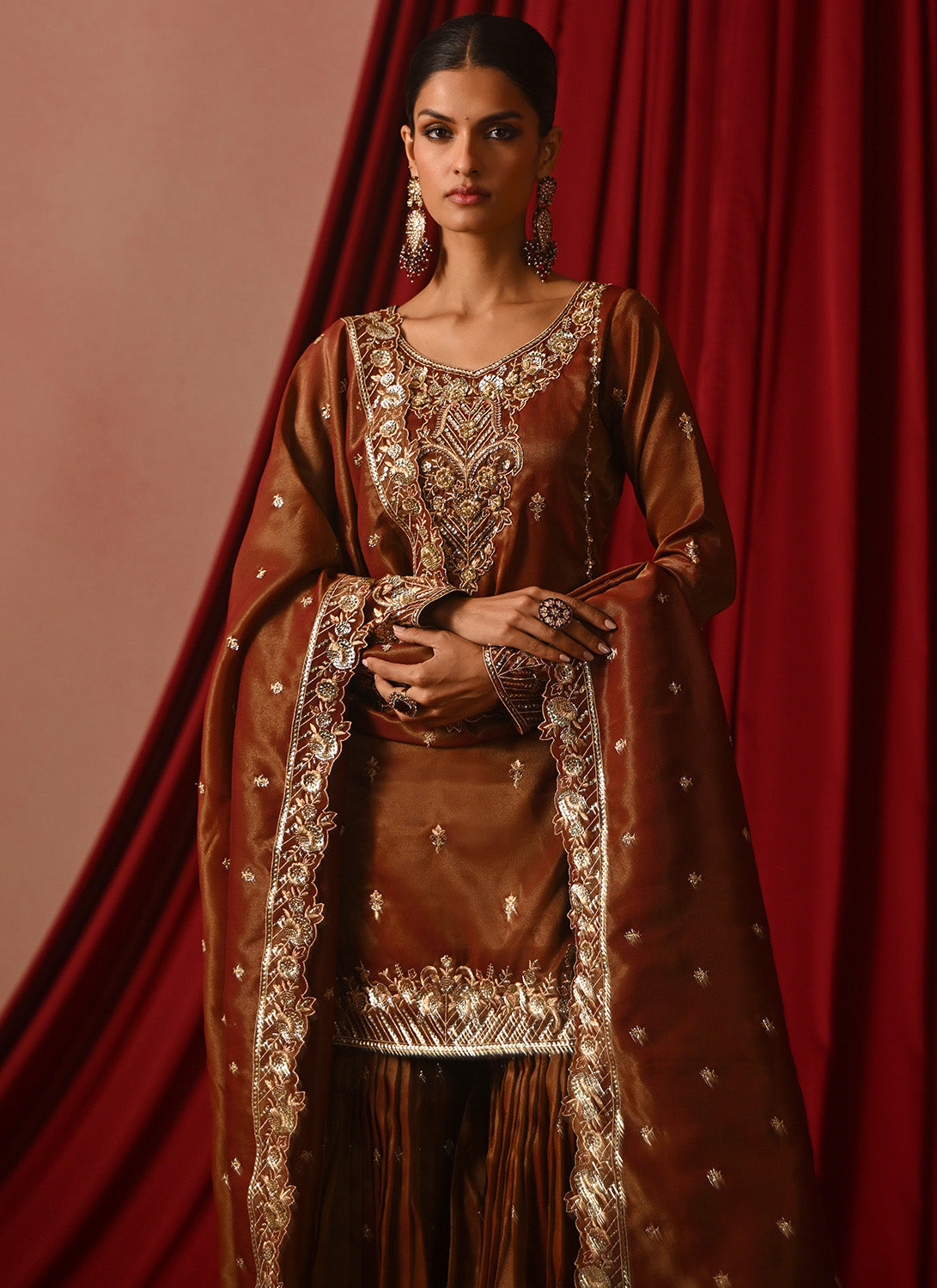 Dark Rust Embroidered Tissue Gharara