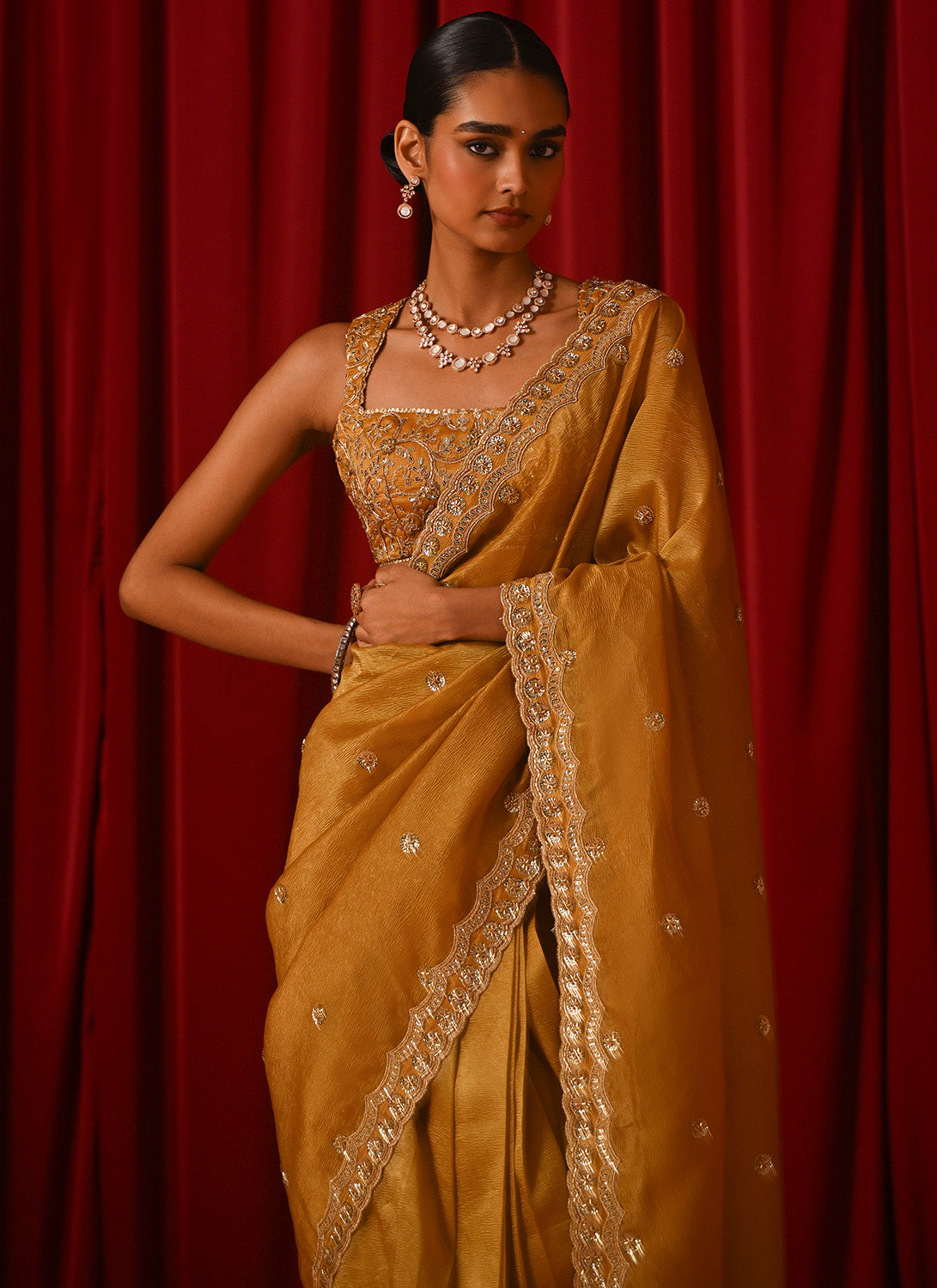 Mustard Embroidered Tissue Saree