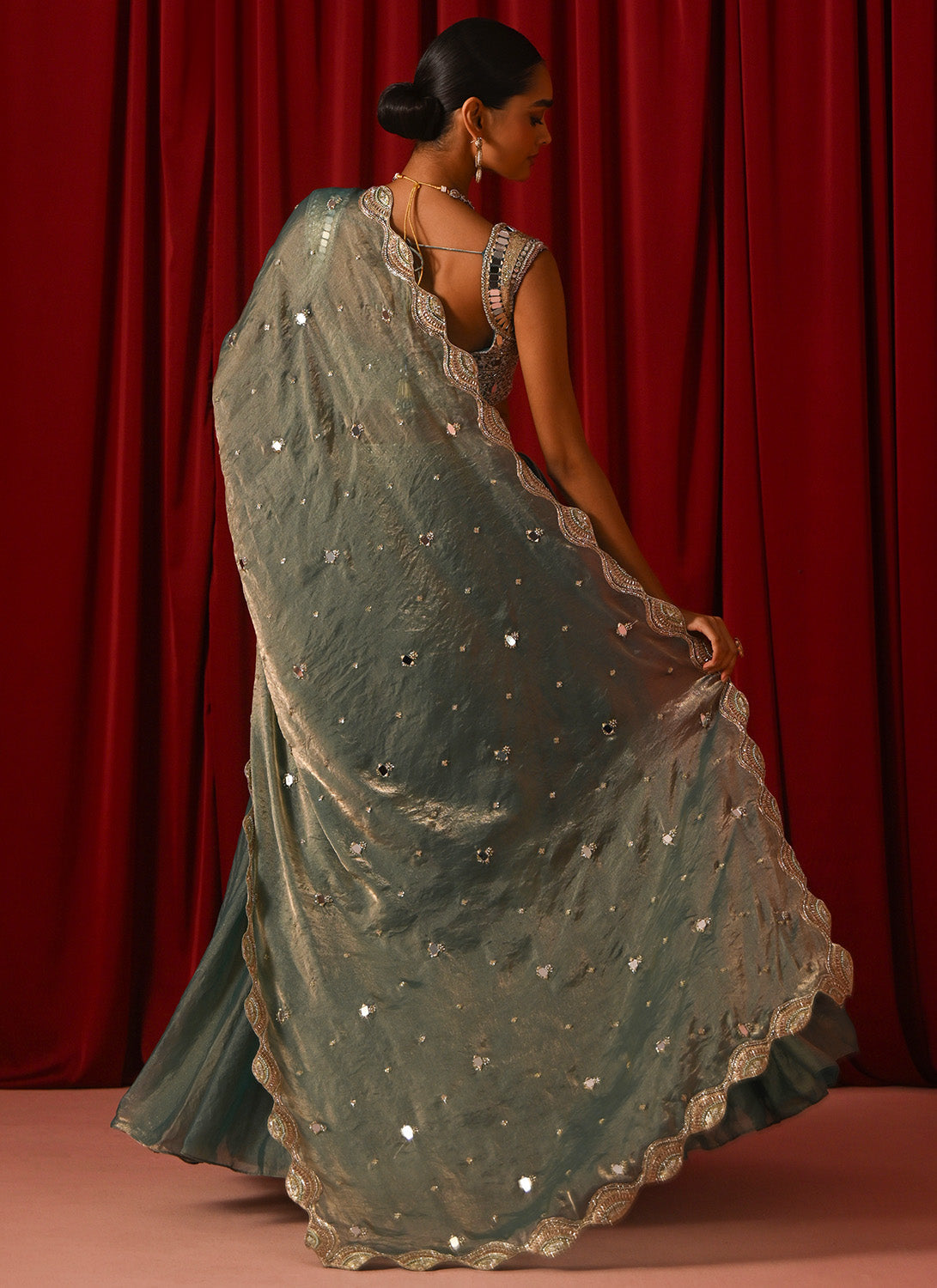 Teal Green Embroidered Satin Lehenga