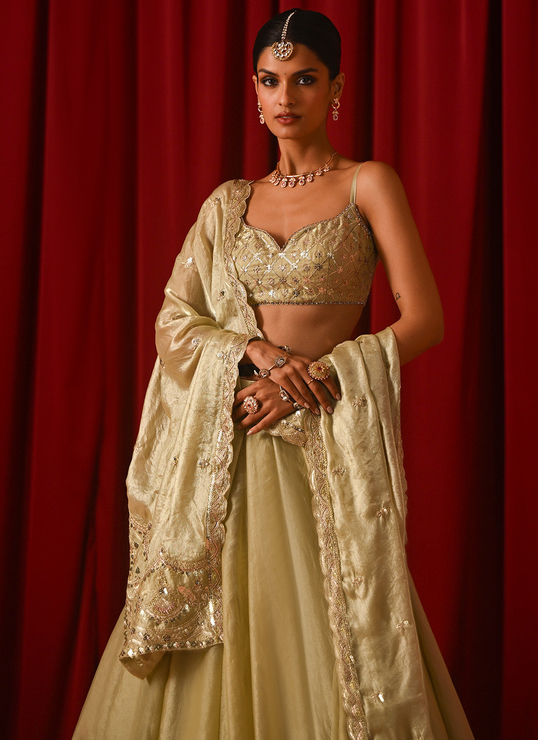 Light Green Embroidered Tissue Lehenga