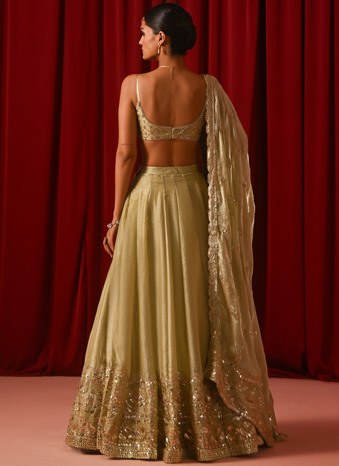 Light Green Embroidered Tissue Lehenga