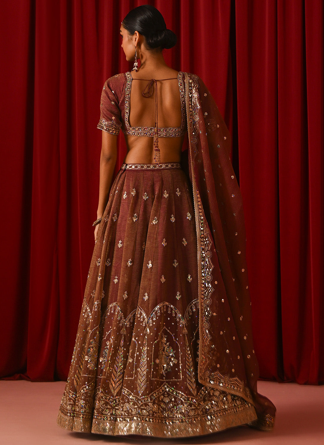 Brown Embroidered Tissue Lehenga