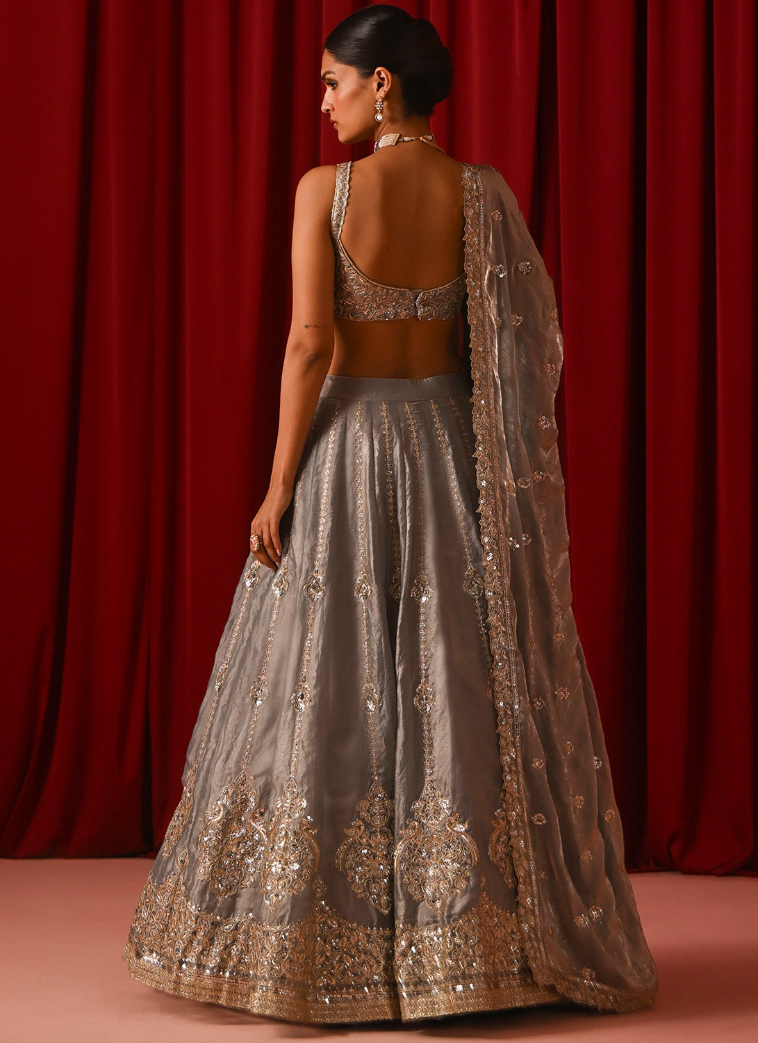 Grey Embroidered Tissue Lehenga