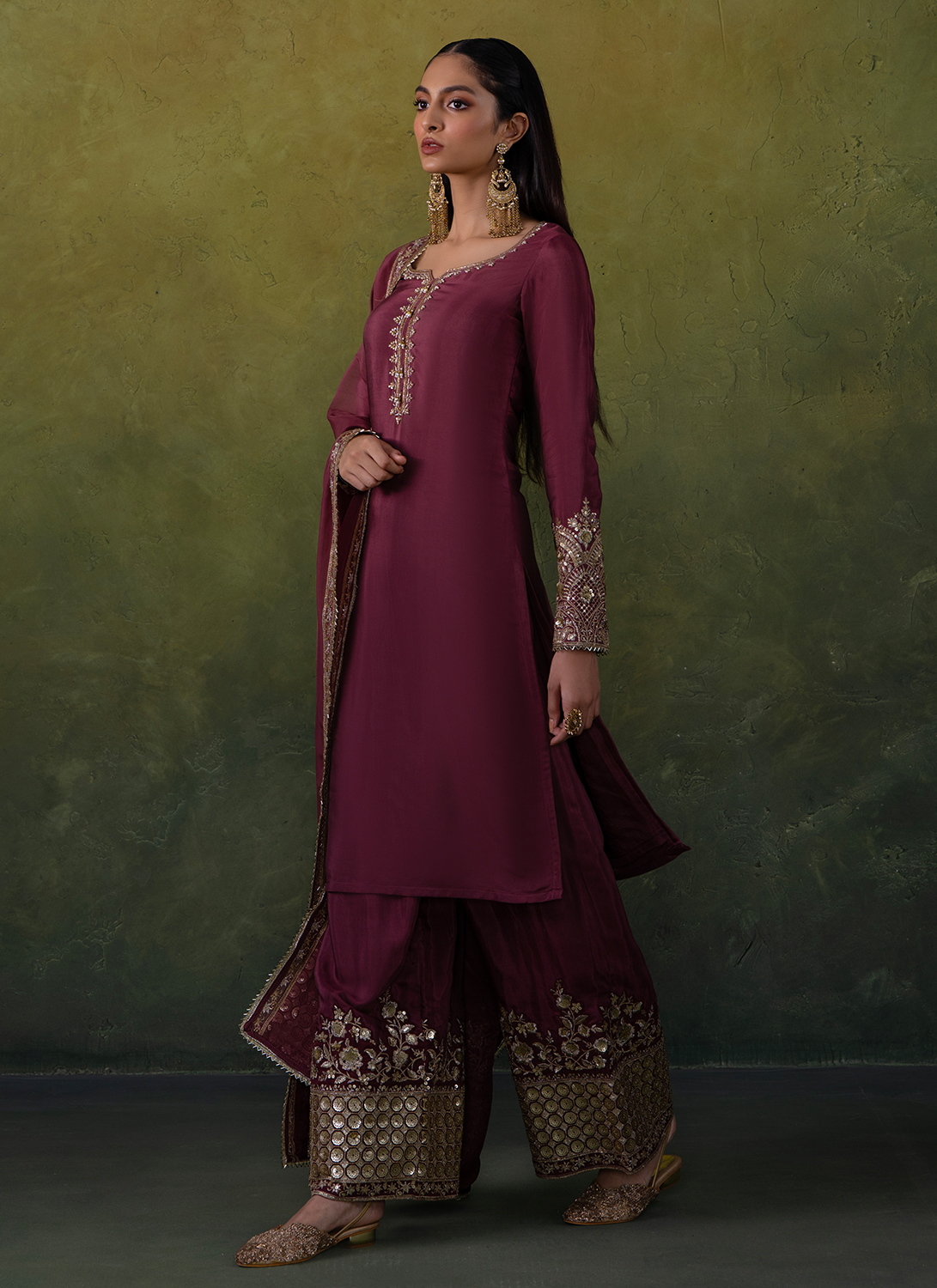 Dusty Burgundy Embroidered Straight Suit