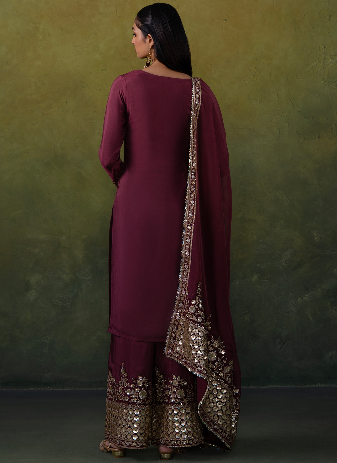Dusty Burgundy Embroidered Straight Suit