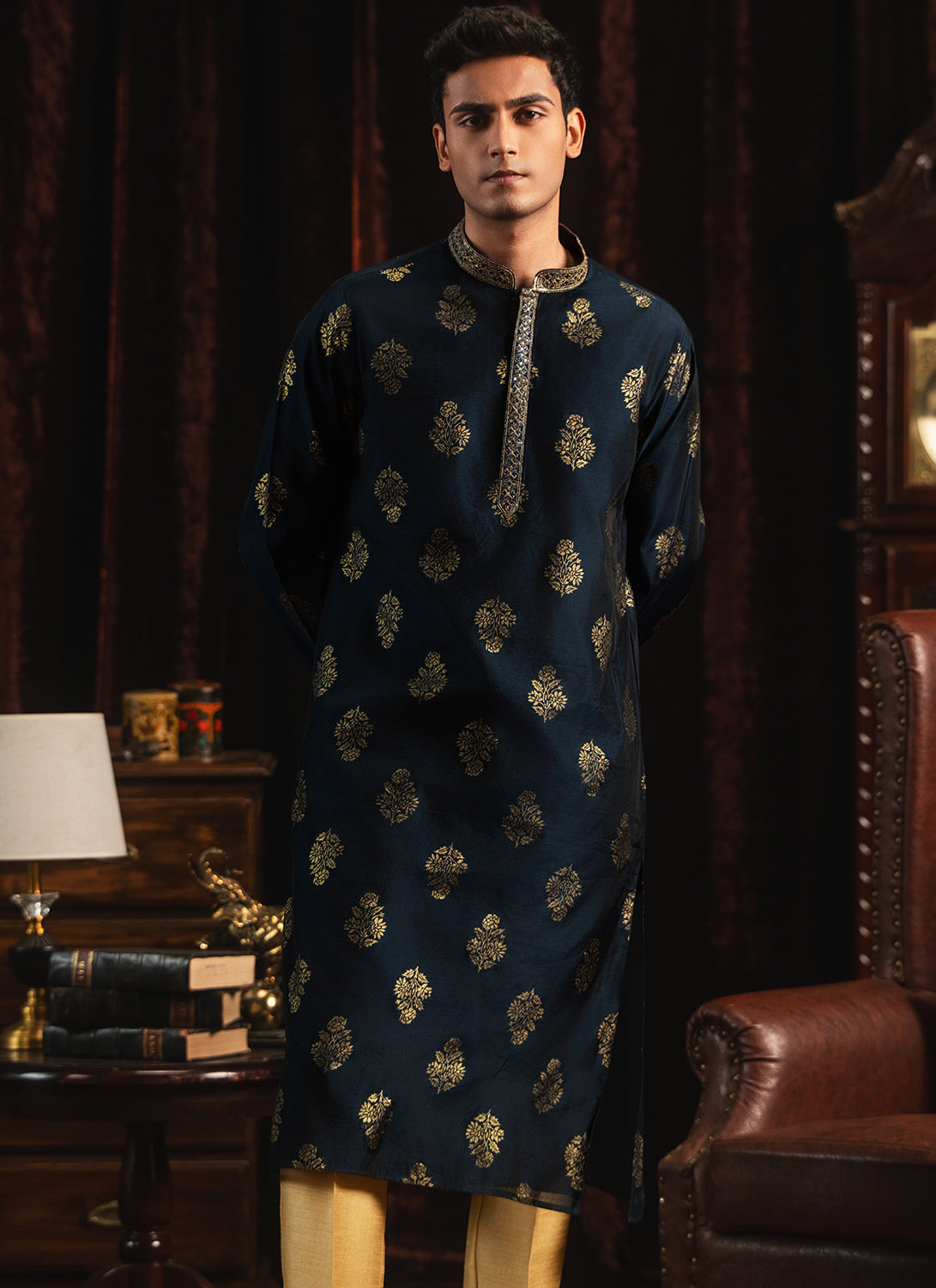 Navy Blue Foil Printed Kurta Set