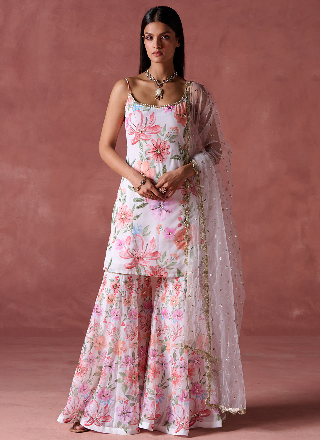 White and Pink Floral Printed Gharara Suit