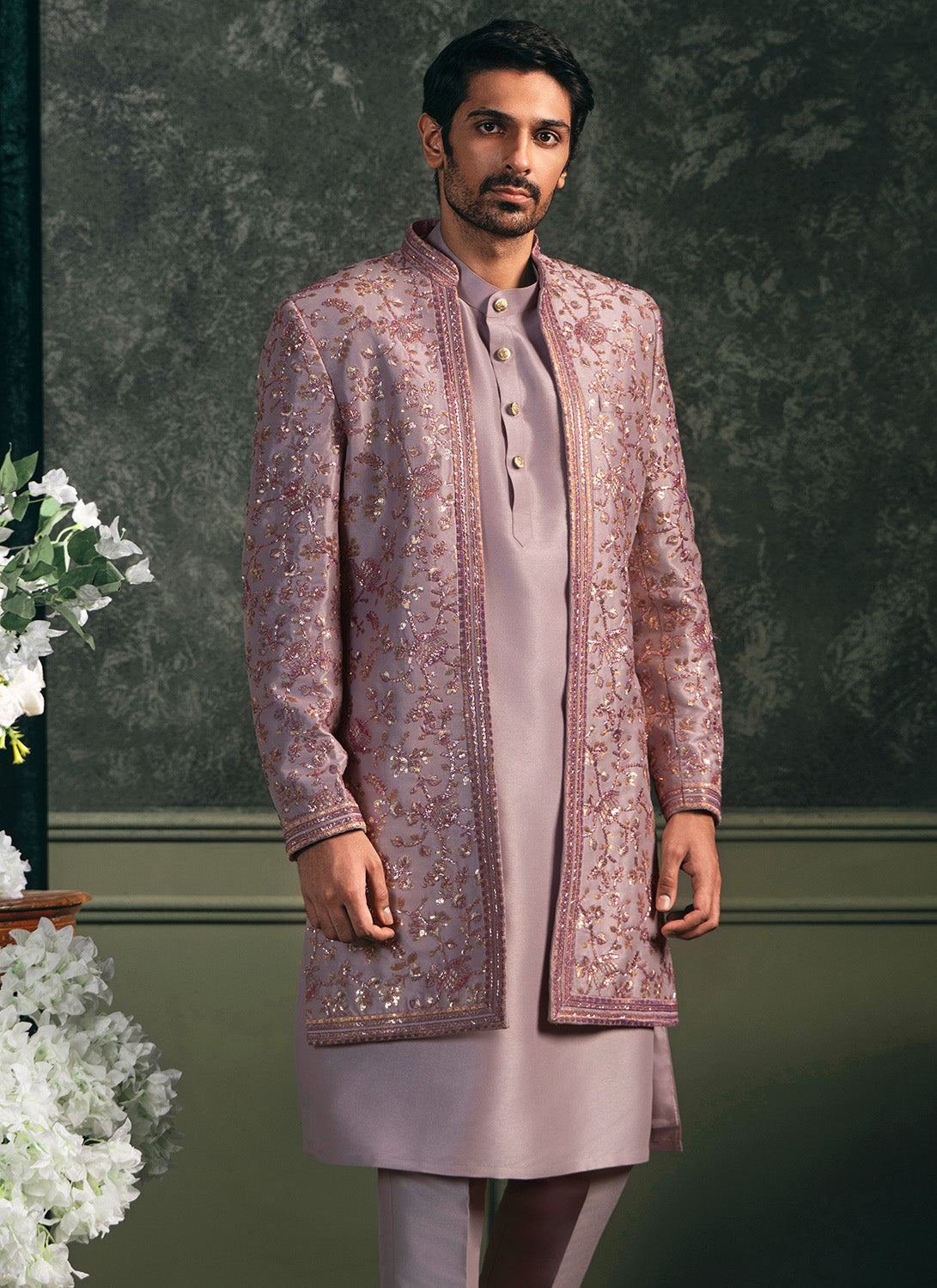 Light Purple Embroidered Silk Sherwani Set
