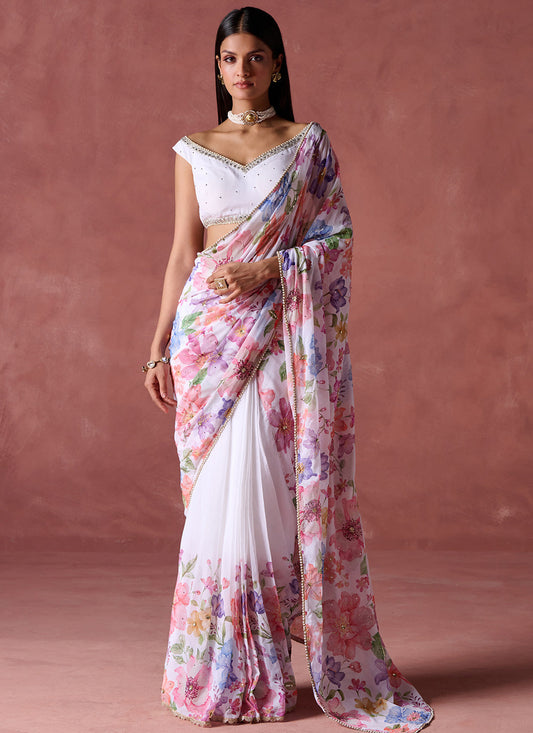White Multicolor Floral Printed Georgette Saree