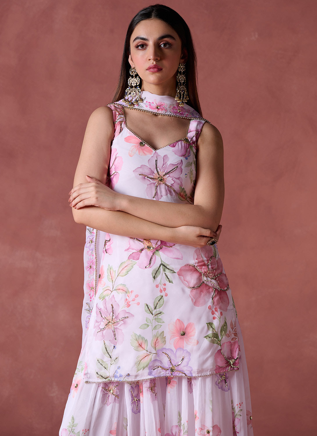 White Multicolor Floral Printed Georgette Sharara Suit