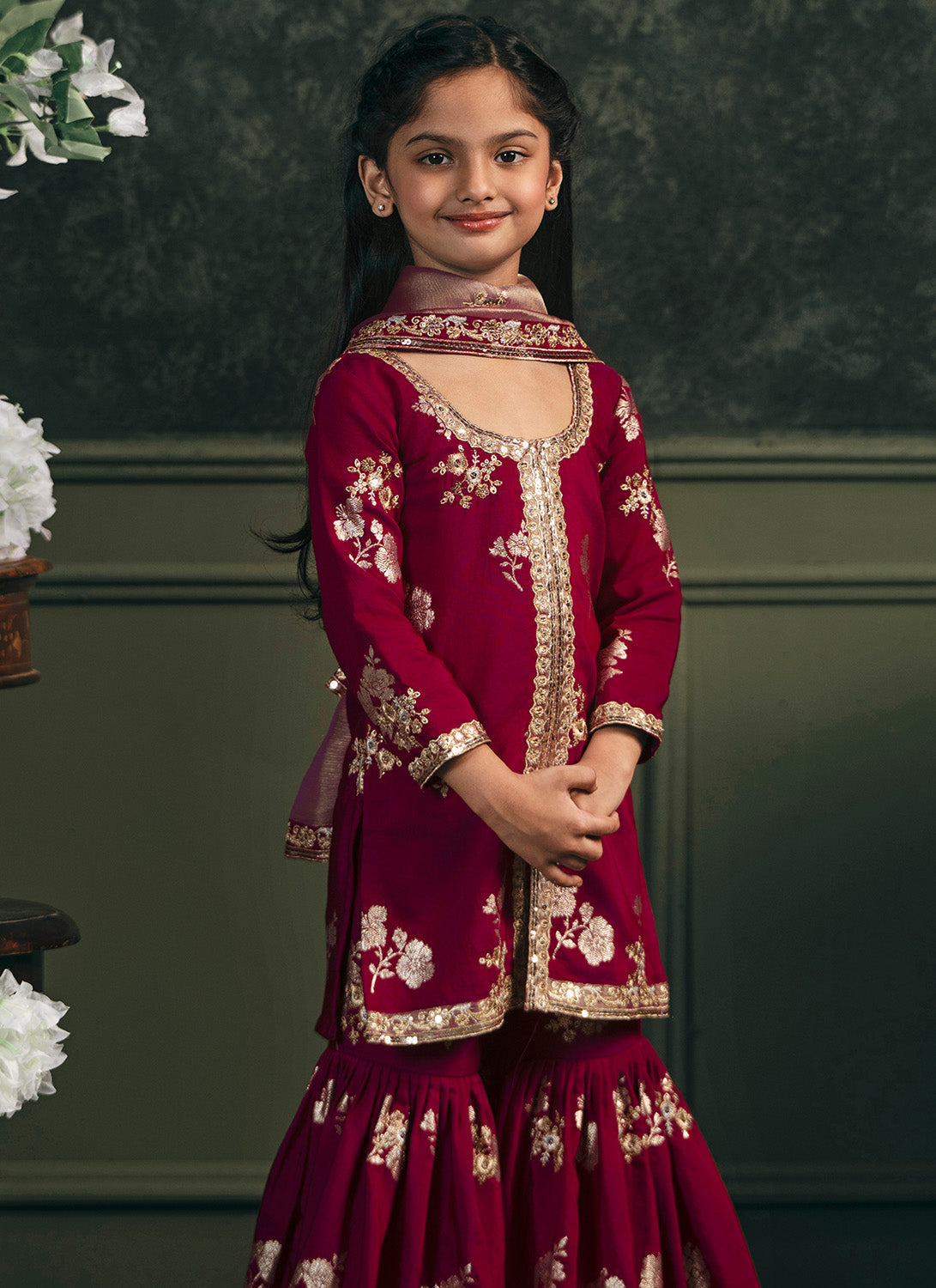 Kids Wine Embroidered Brocade Gharara
