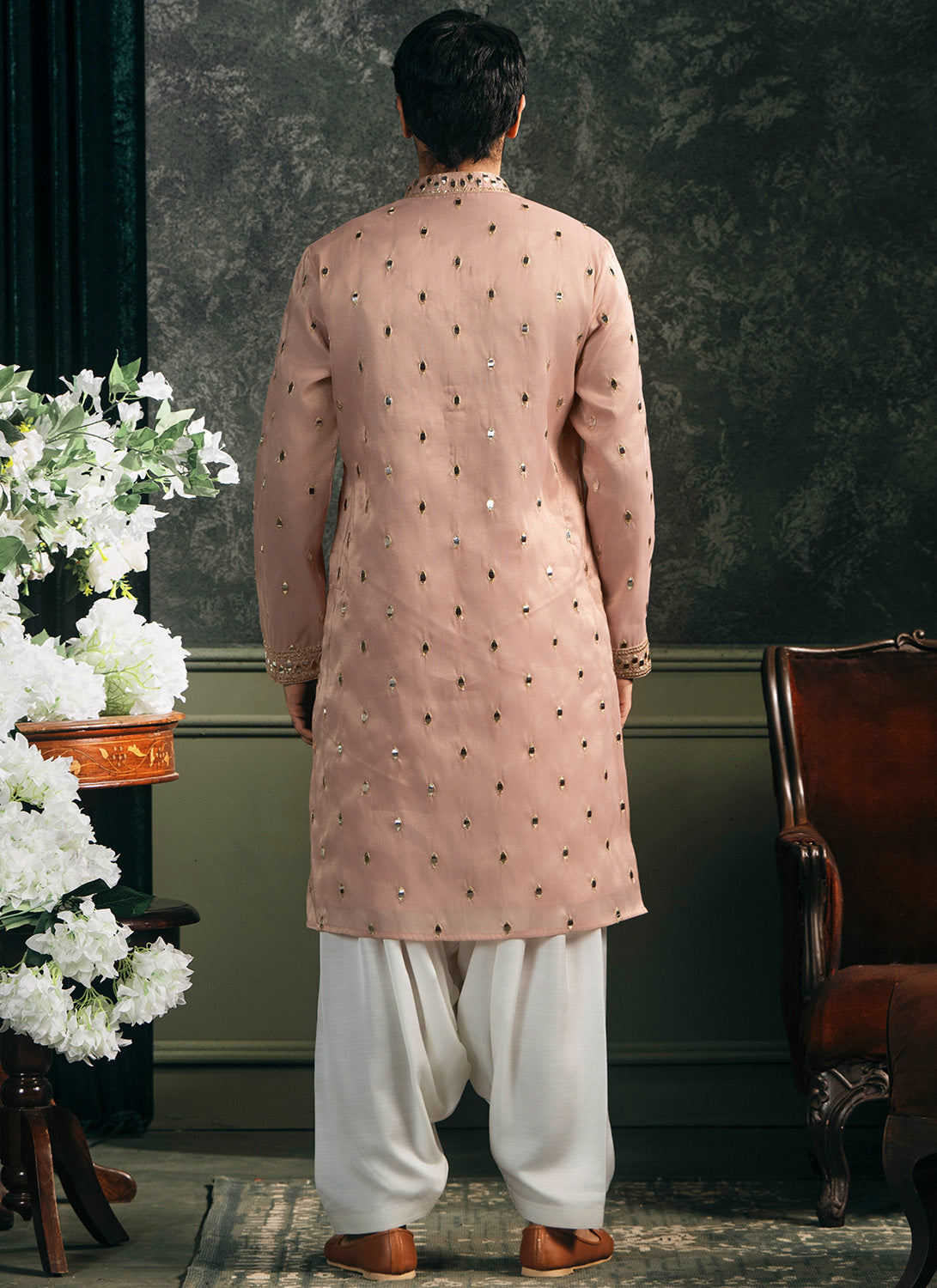 Peach Embroidered Silk Kurta Set