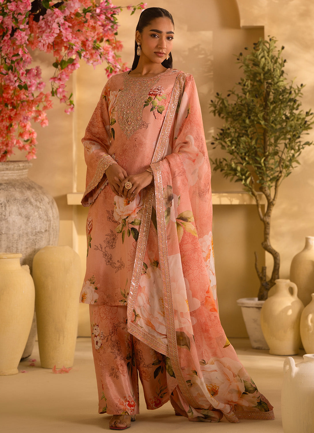 Dusty Peach Floral Embroidered Satin Georgette Palazzo Suit