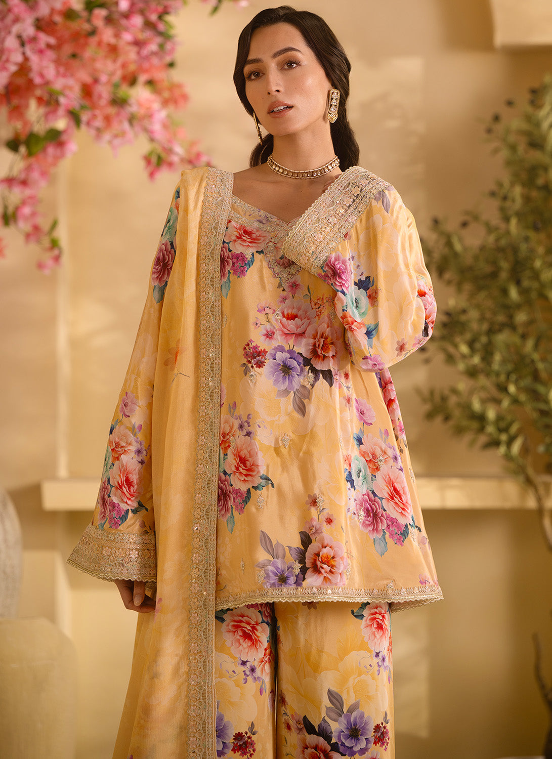 Yellow Floral Embroidered Crepe Silk Palazzo Suit