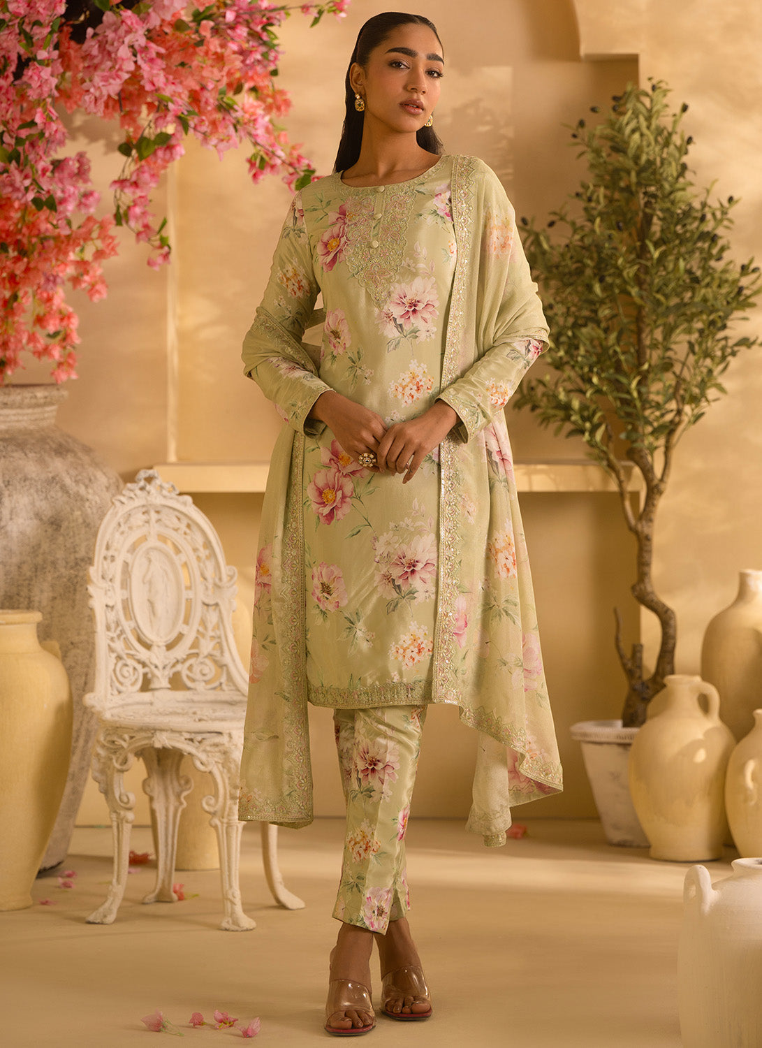 Dusty Green Floral Embroidered Crepe Silk Pant Suit