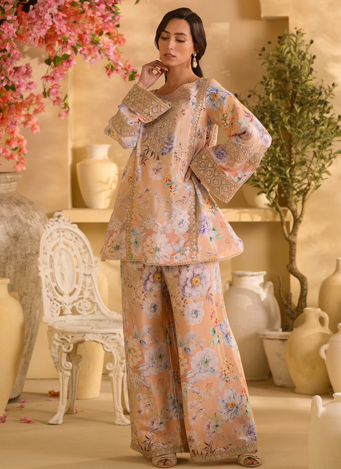 Soft Peach Multicolor Floral Embroidered Set