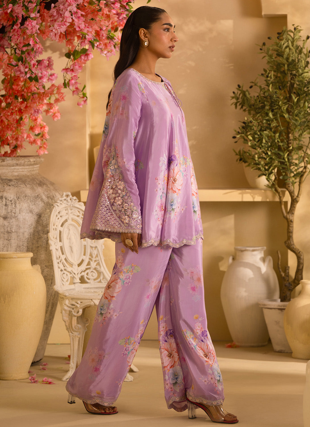 Lilac Floral Embroidered Crepe Silk Set