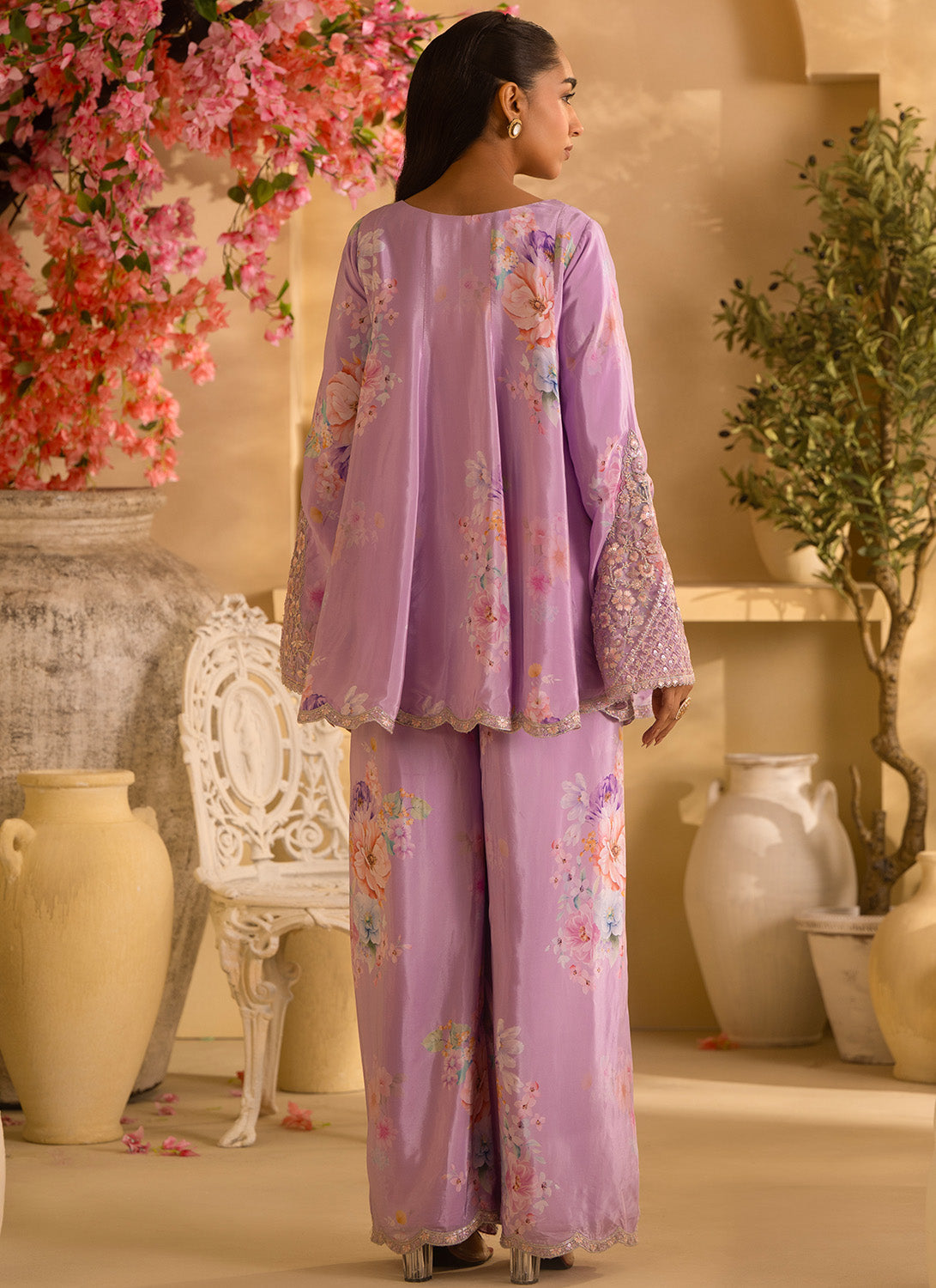 Lilac Floral Embroidered Crepe Silk Set