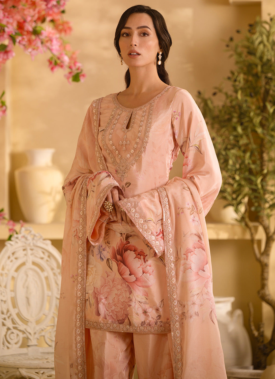 Dusty Peach Floral Embroidered Satin Georgette Farshi Salwar Suit