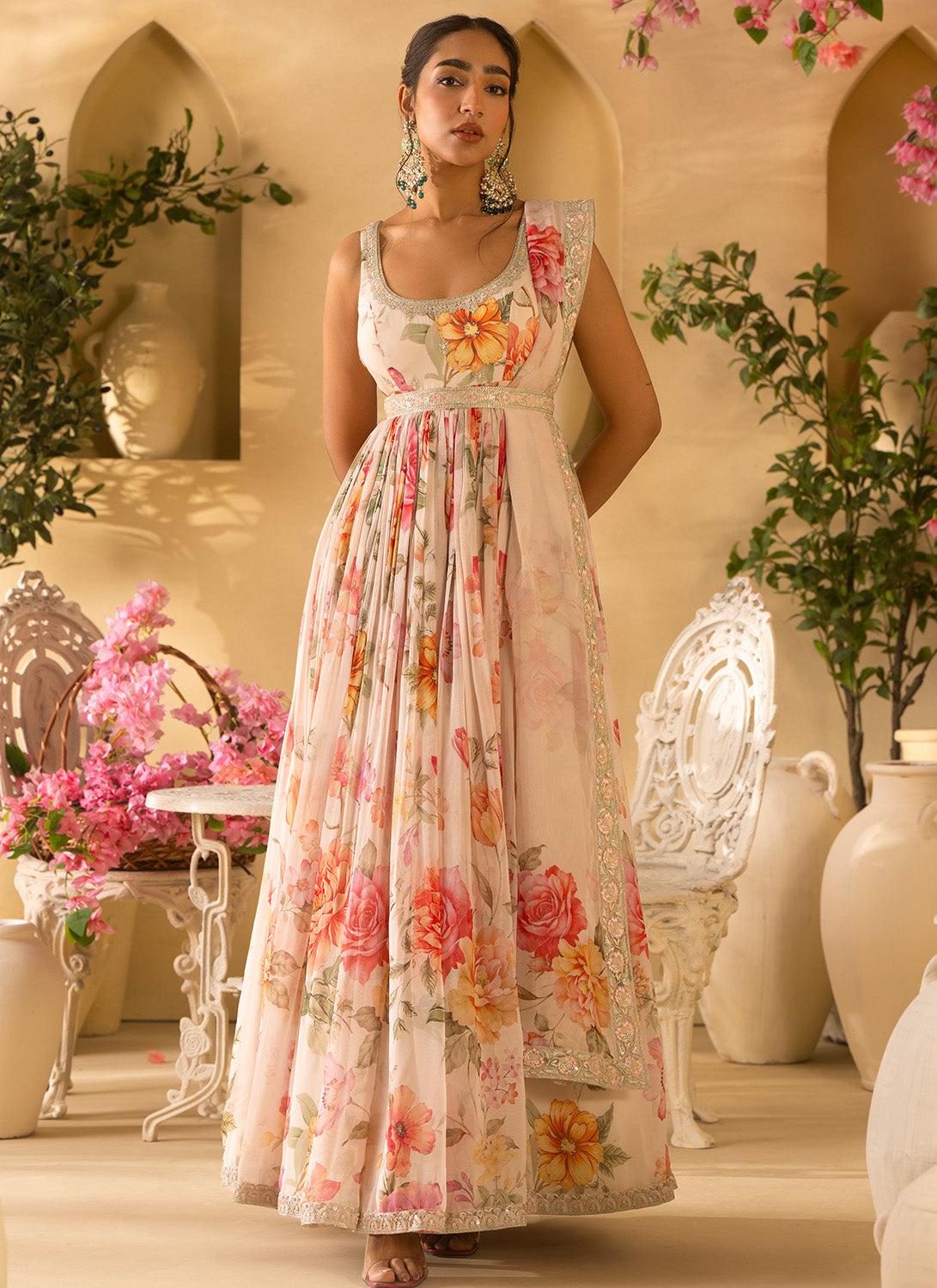 Off White Floral Embroidered Organza Anarkali