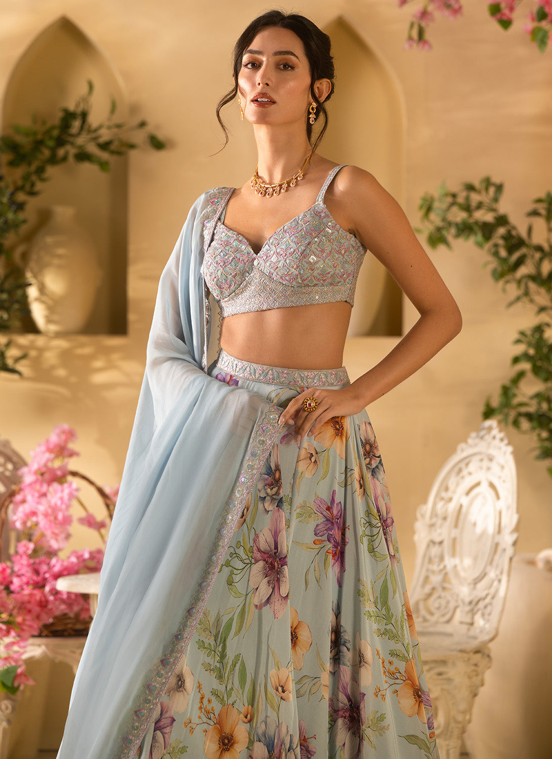 Dusty Blue Floral Embroidered Satin Georgette Lehenga