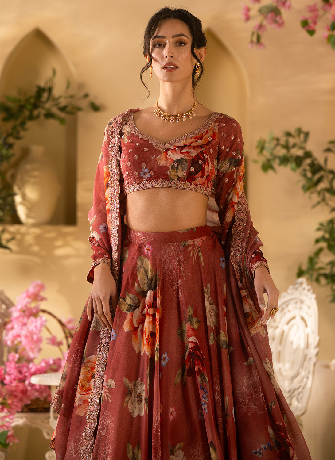Dusty Rose Floral Embroidered Organza Lehenga