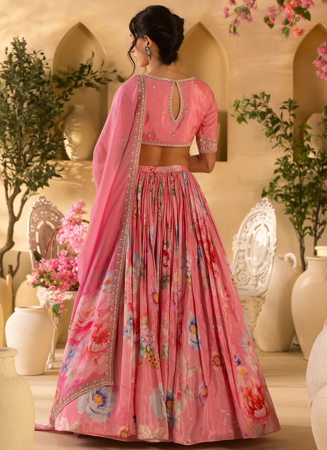 Pink Floral Embroidered Satin Georgette Lehenga