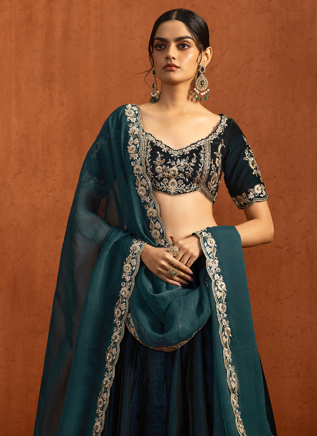 Teal Embroidered Velvet Lehenga