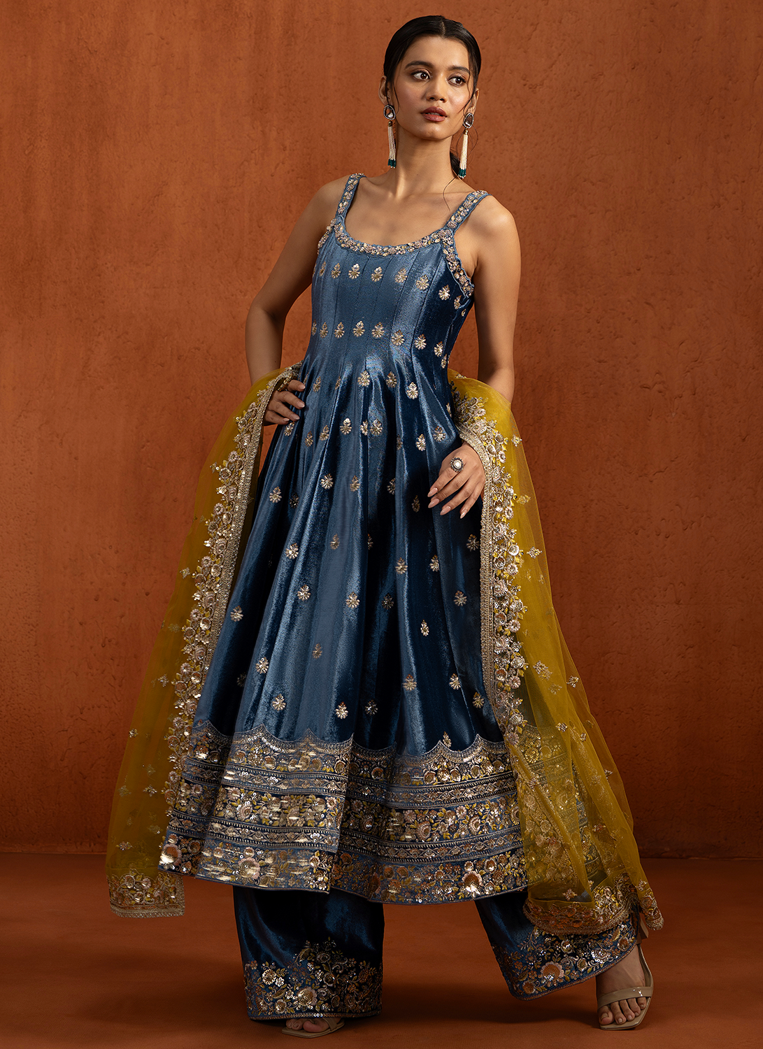 Blue Embroidered Velvet Anarkali