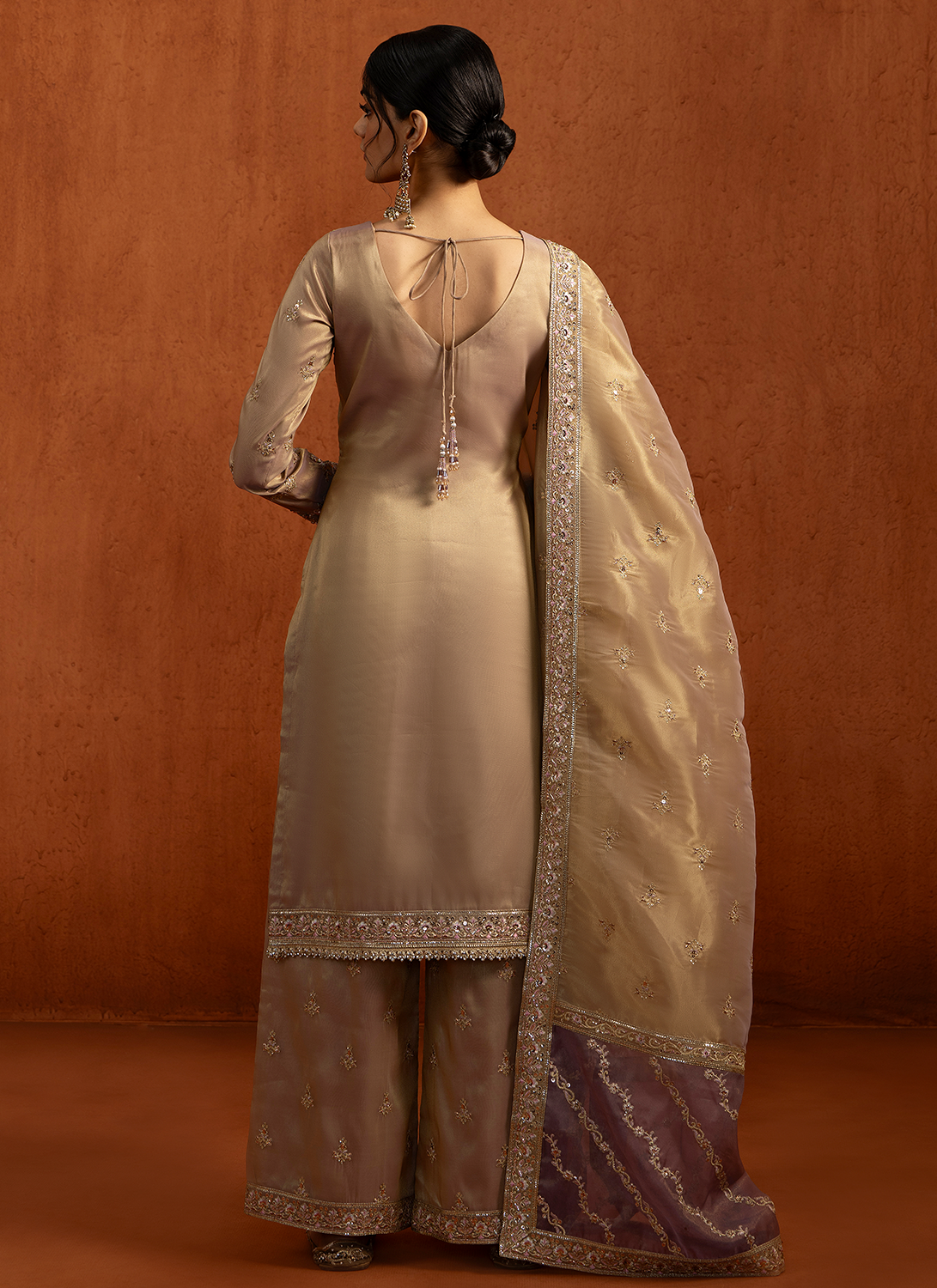 Champagne Gold Embroidered Silk Palazzo Suit
