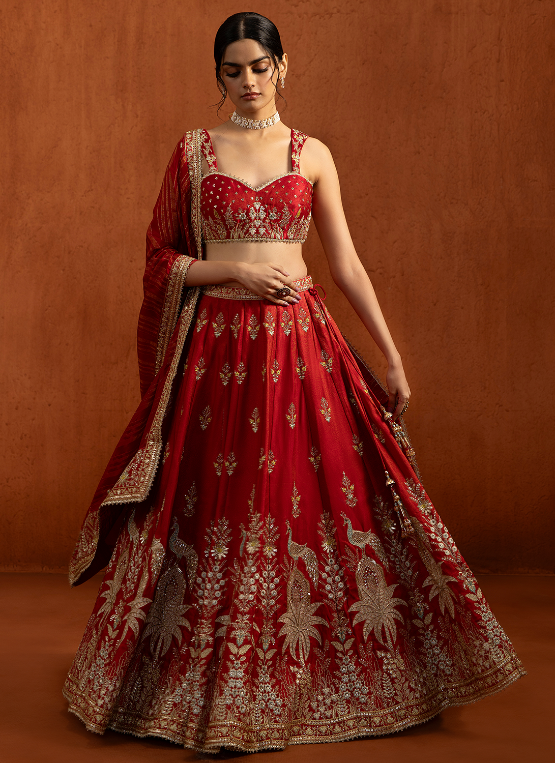Red Embroidered Viscose Tissue Satin Lehenga