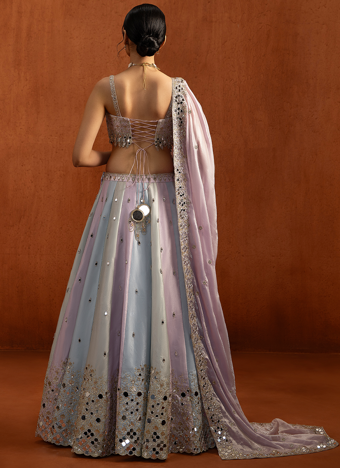Lavender Multicolor Embroidered Satin Lehenga