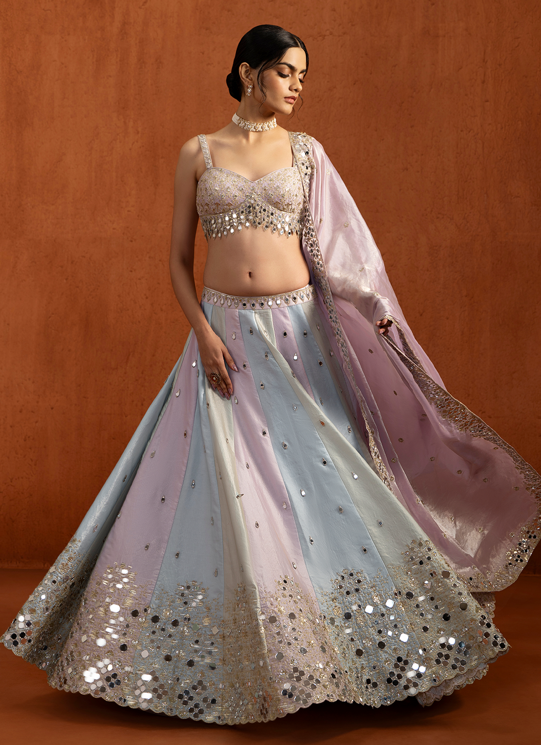 Lavender Multicolor Embroidered Satin Lehenga