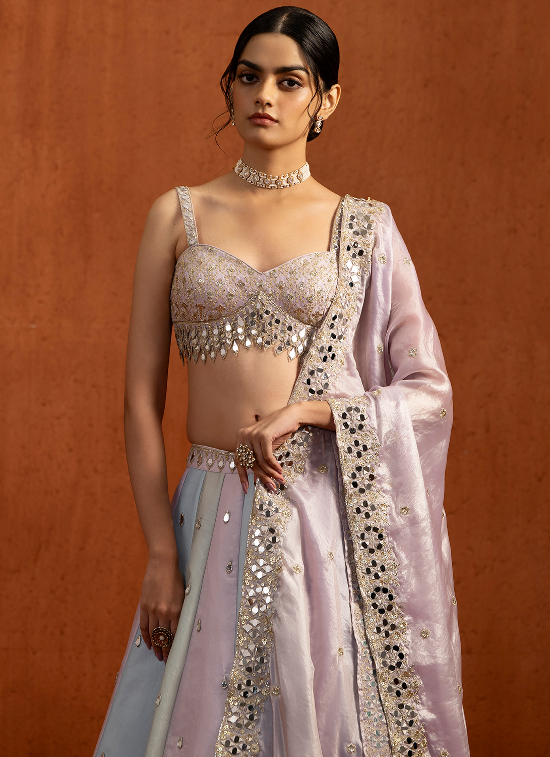 Lavender Multicolor Embroidered Satin Lehenga