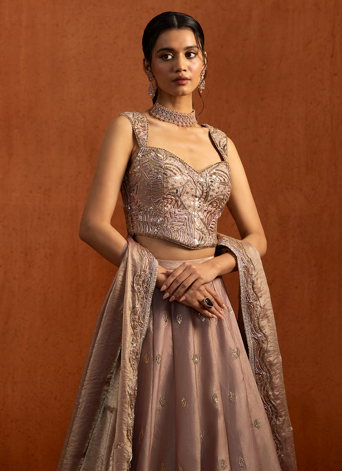 Light Mauve Embroidered Satin Lehenga