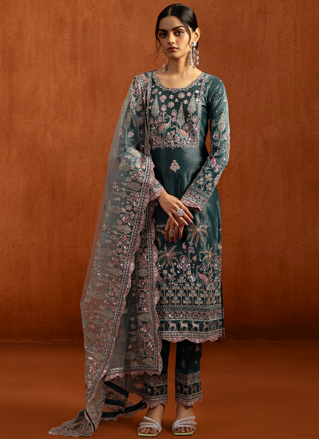 Teal Blue Embroidered Viscose Tissue Pant Suit