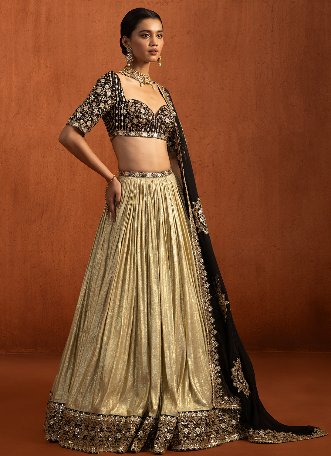 Black and Gold Embroidered Lampi Lehenga