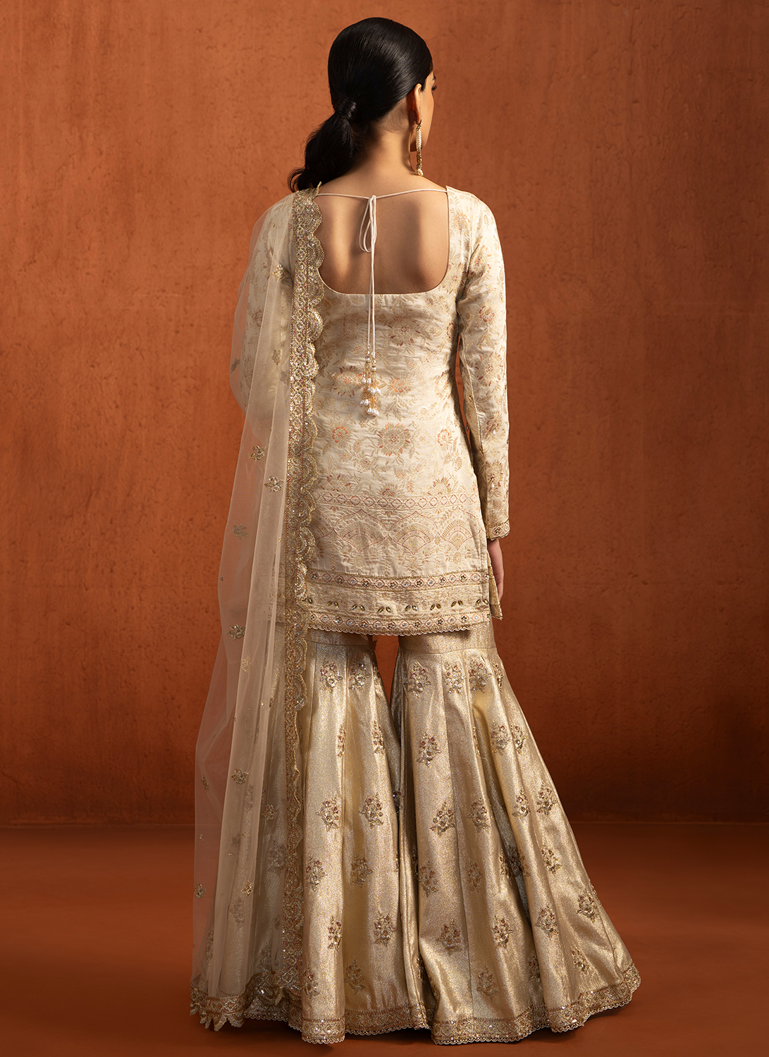 Off White Embroidered Brocade Gharara Suit