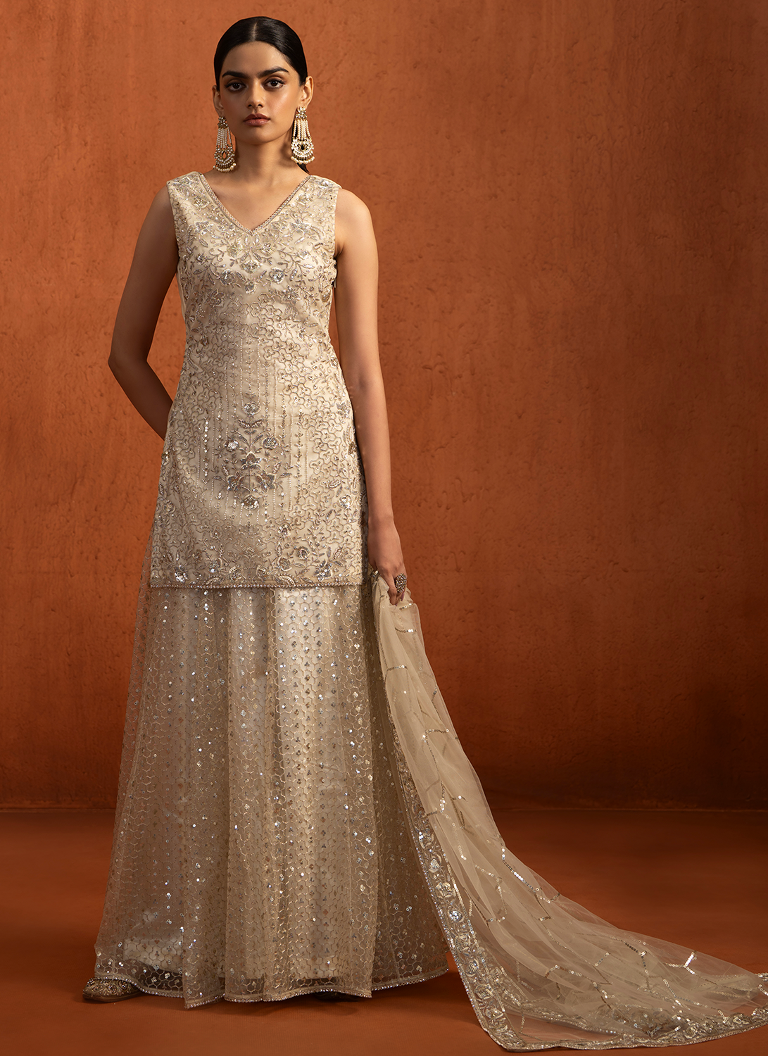 Ivory Embroidered Net Sharara Suit