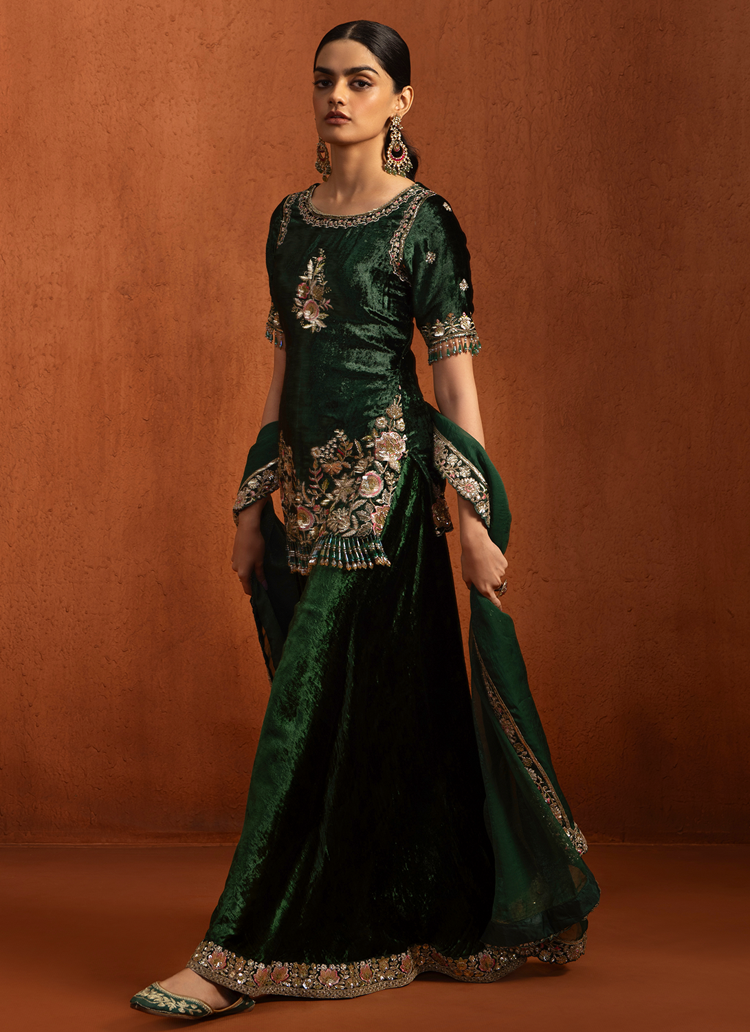 Green Embroidered Velvet Sharara Suit