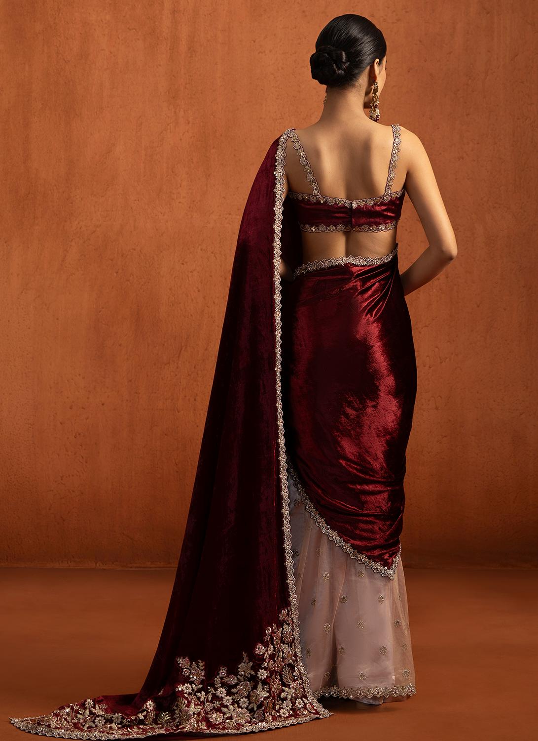 Red Multicolor Embroidered Viscose Velvet Saree