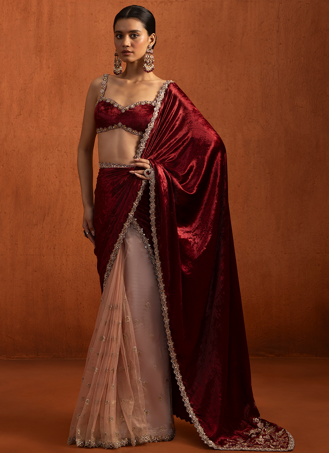 Red Multicolor Embroidered Viscose Velvet Saree