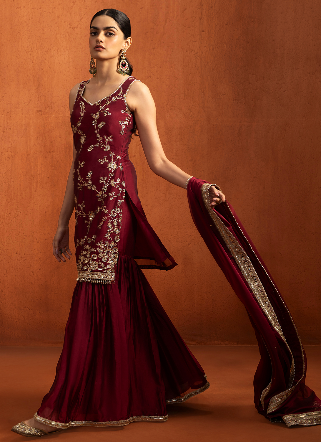 Red Embroidered Silk Gharara Suit