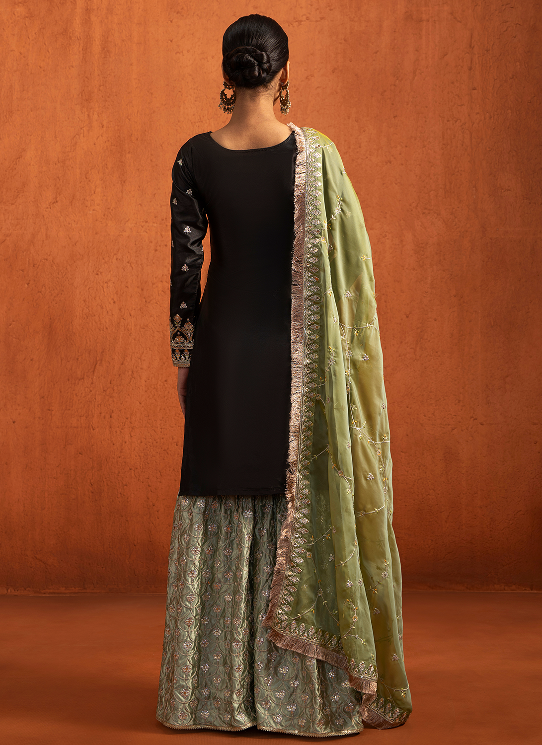 Black and Green Embroidered Silk Sharara Suit