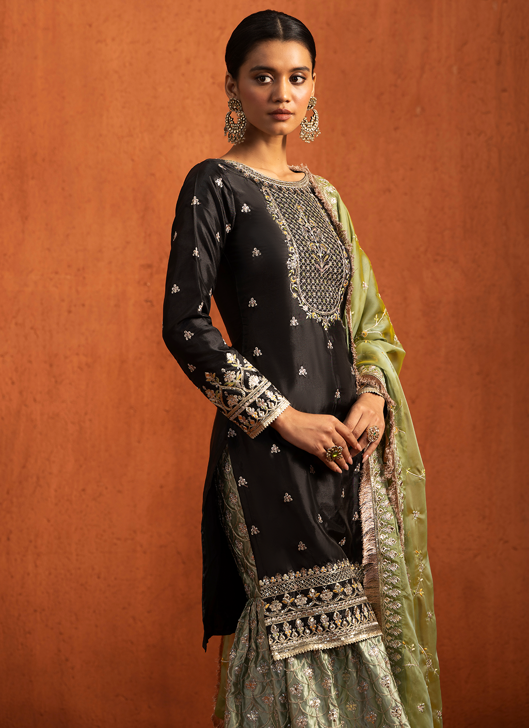 Black and Green Embroidered Silk Sharara Suit