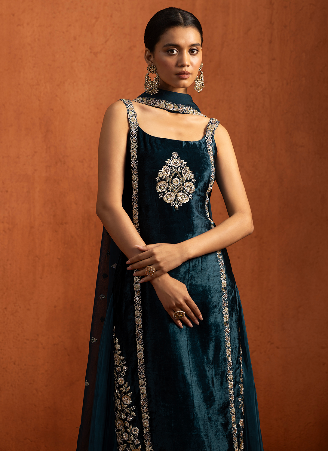 Blue Embroidered Viscose Velvet Sharara Suit