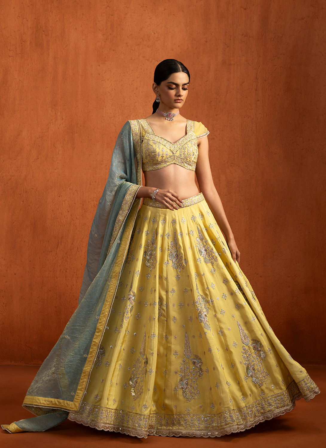 Yellow Embroidered Viscose Tissue Lehenga