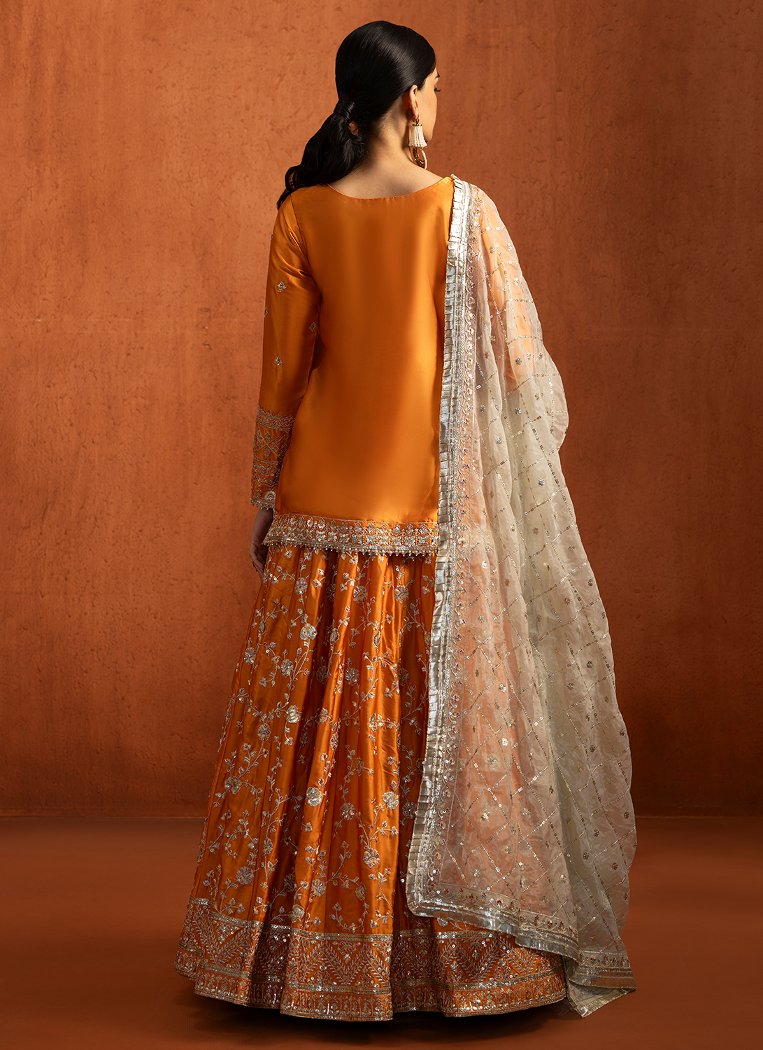 Orange Embroidered Silk Kurti Style Lehenga