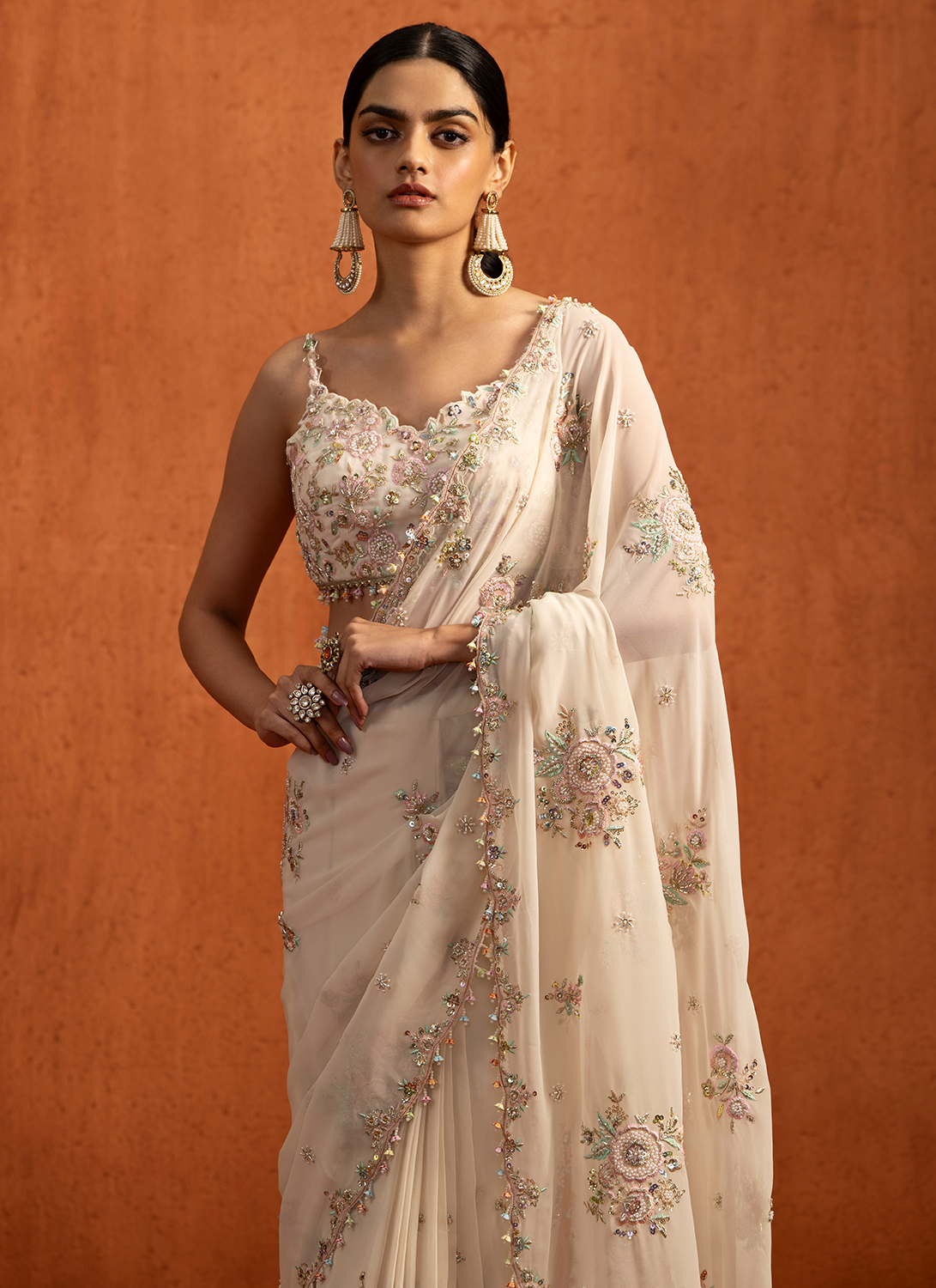 Off White Embroidered Georgette Saree