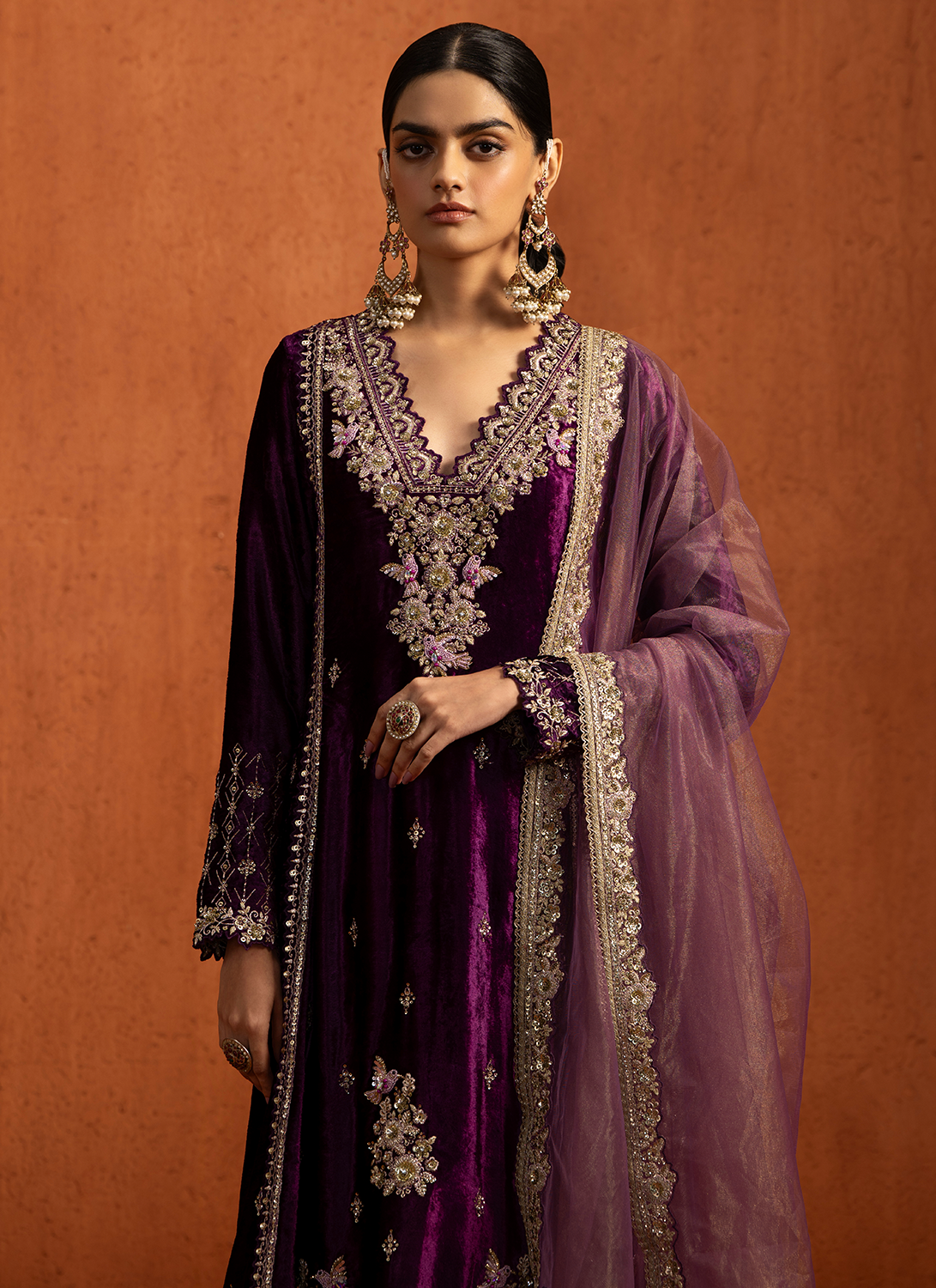 Purple Embroidered Velvet Straight Suit
